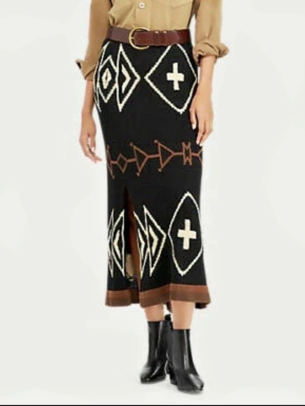 Polo Ralph Lauren Geometric western Knit Midi Silk Linen Skirt Size L